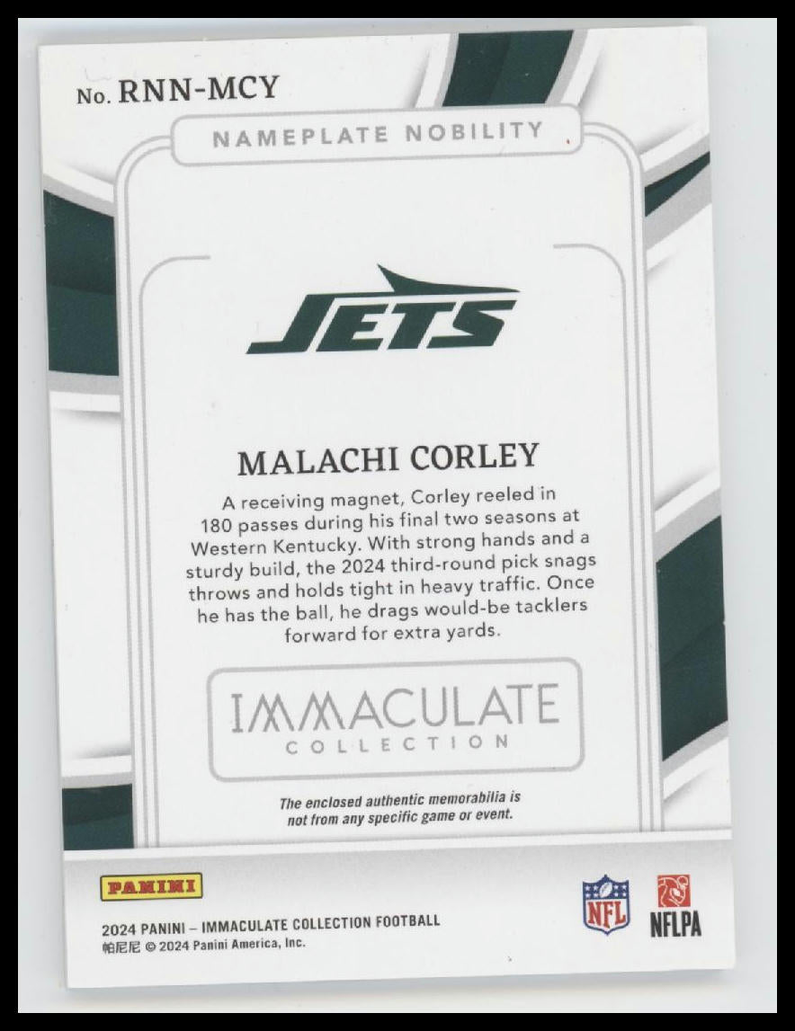 2024 Panini Immaculat Rookie Nameplate Nobility Malachi Corley #/6 Auto #RNN-MCY
