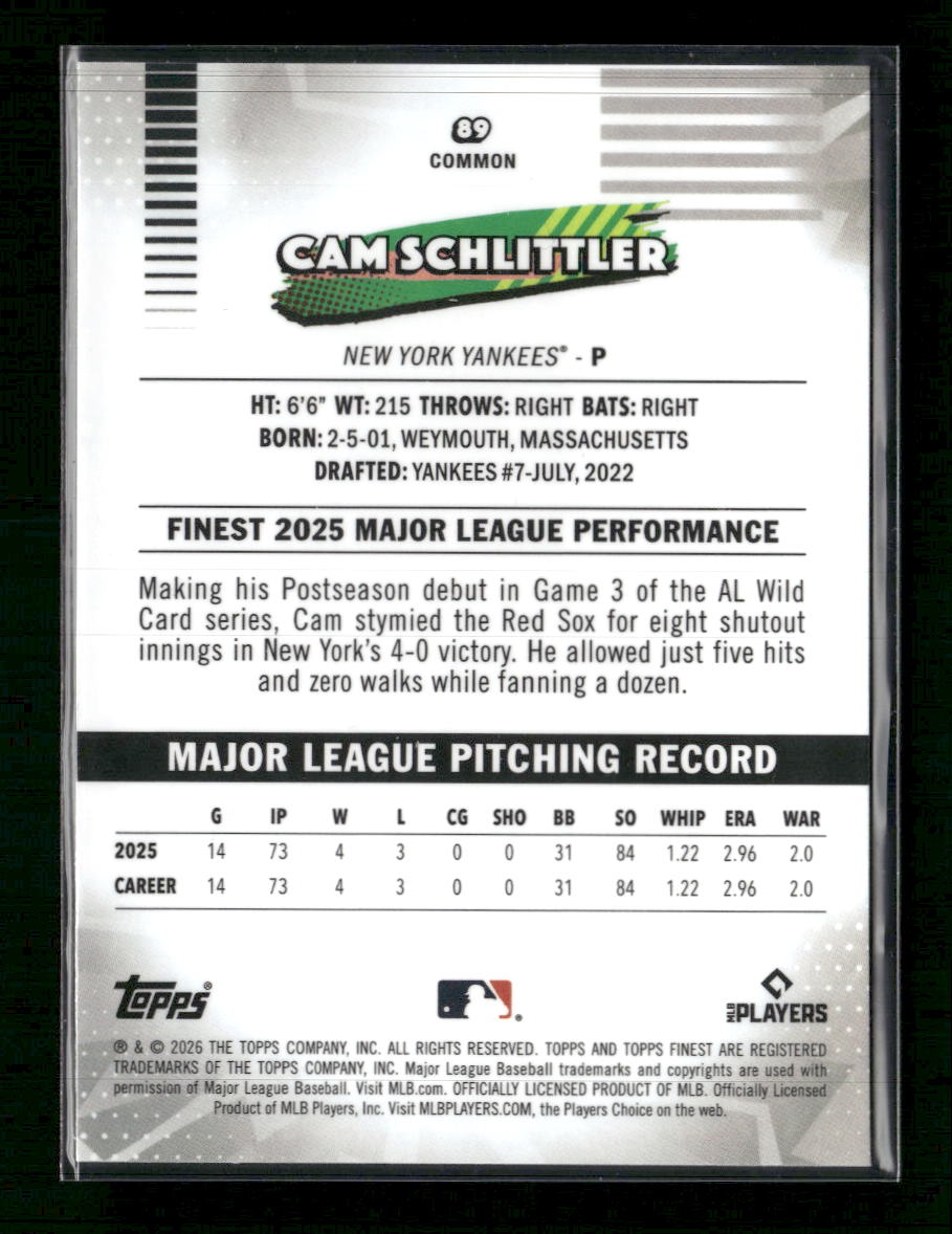 2026 Finest Mini-Diamond Refractors Cam Schlittler Rookie #89