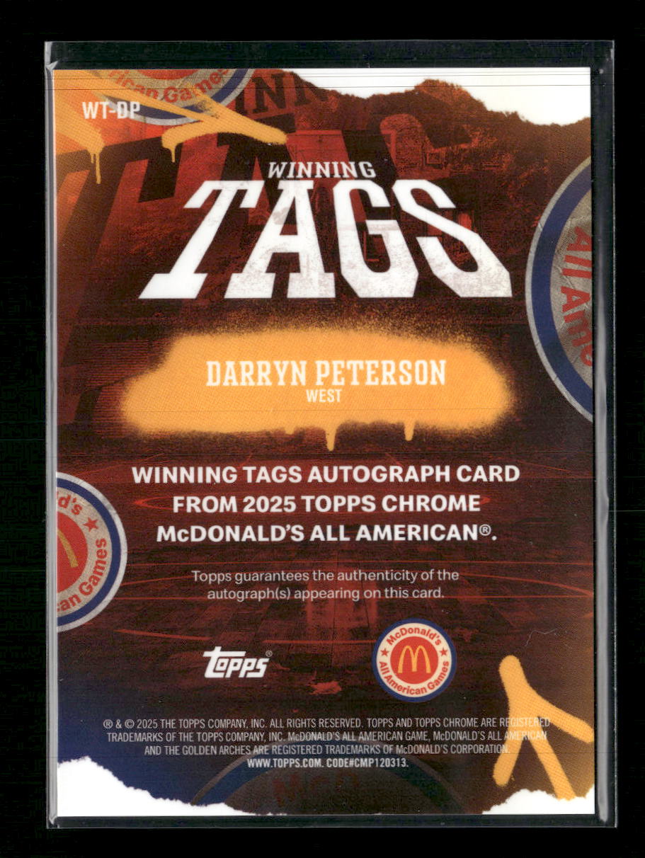 2025 Topps Chrome Winning Tags Blue Raywave Darryn Peterson Auto #WT-DP