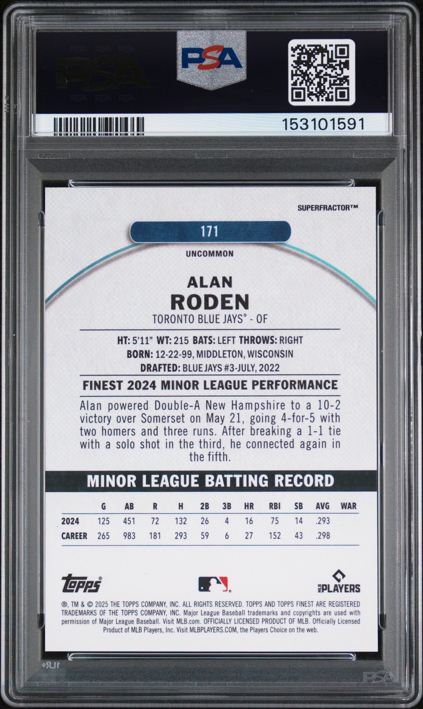 2025 Topps Finest Superfractor 1/1 Alan Roden 10 PSA #171