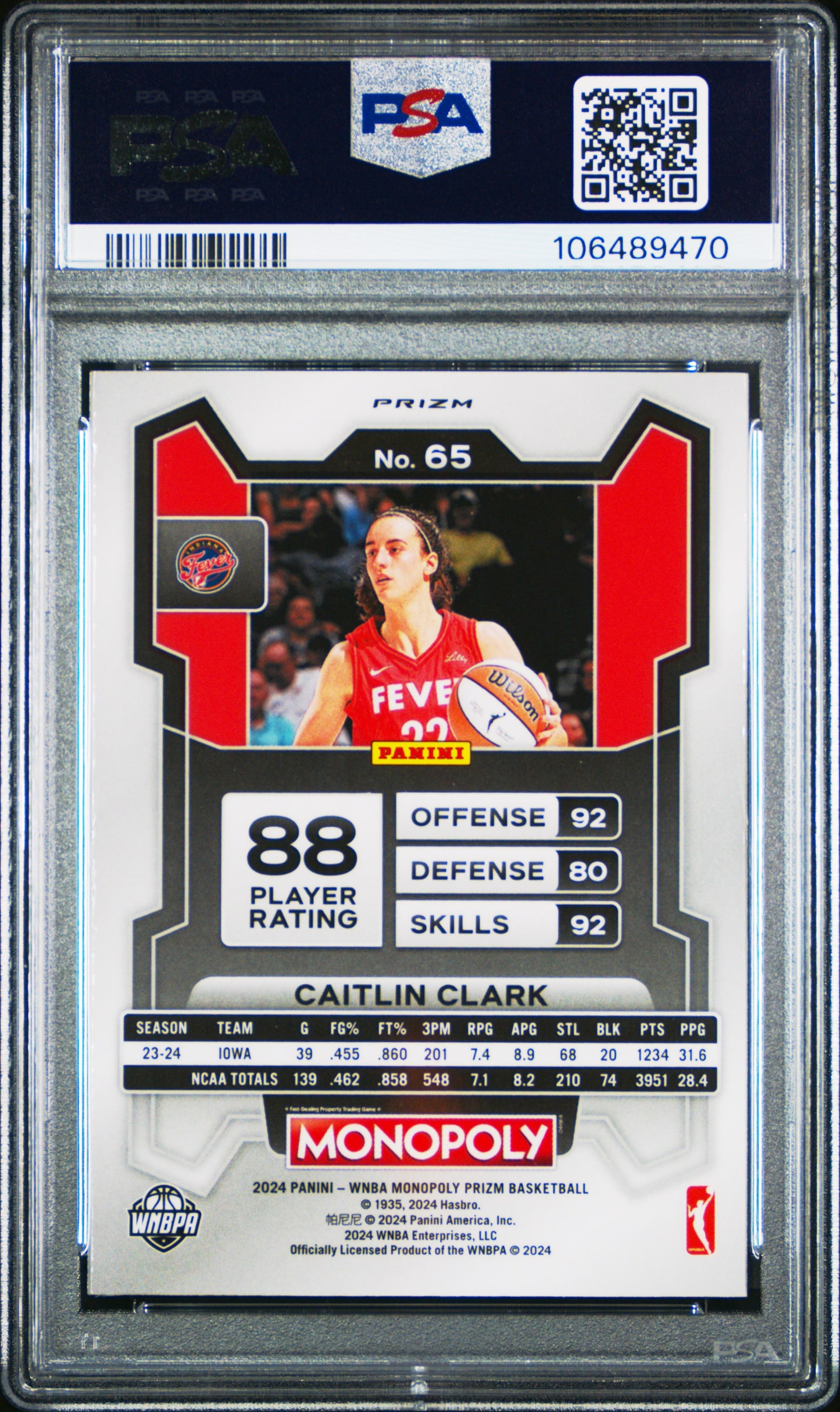 2024 Panini Prizm Monopoly Wnba Red Classic Icon Caitlin Clark 9 PSA #65