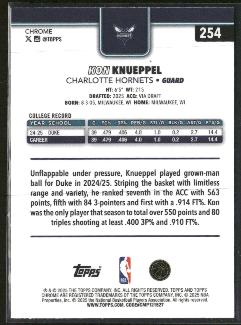 2025-26 Topps Chrome Refractor Kon Knueppel Rookie #254