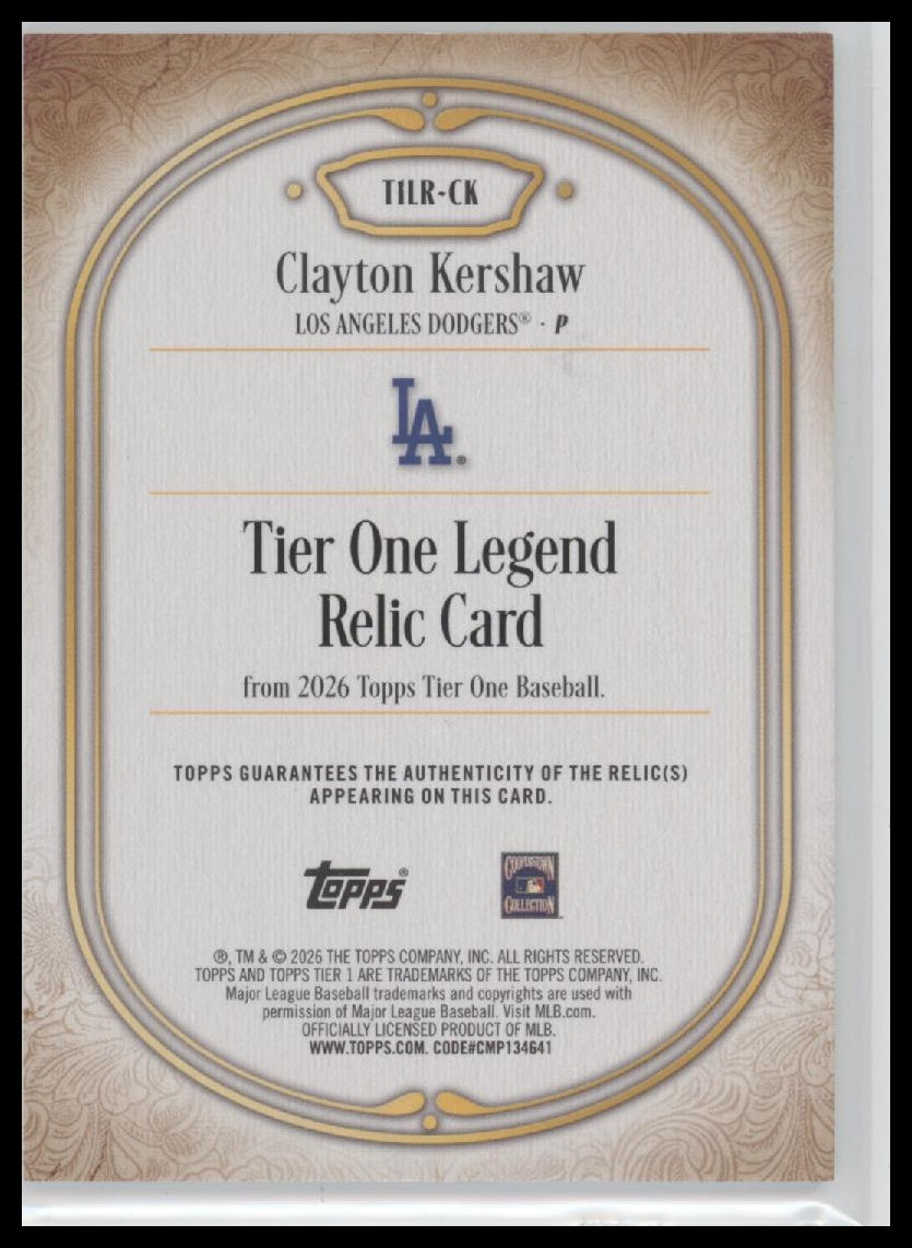 2026 Topps Tier One Tier One Legend Relics /199 Clayton Kershaw #T1LR-CK