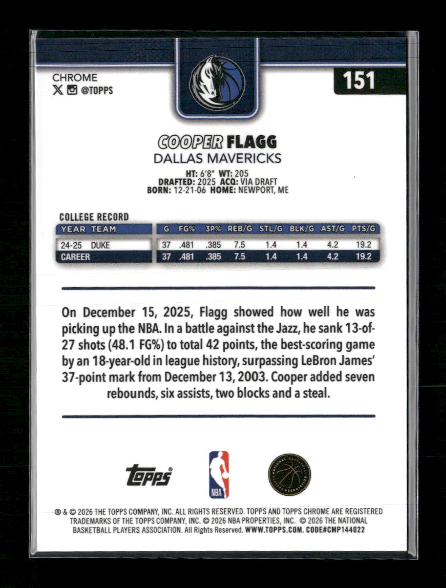 2025-26 Topps Chrome Update Black Raywave #/10 Cooper Flagg #151