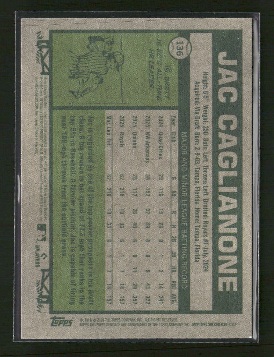 2026 Topps Heritage Dark Yellow Jac Caglianone Rookie #136