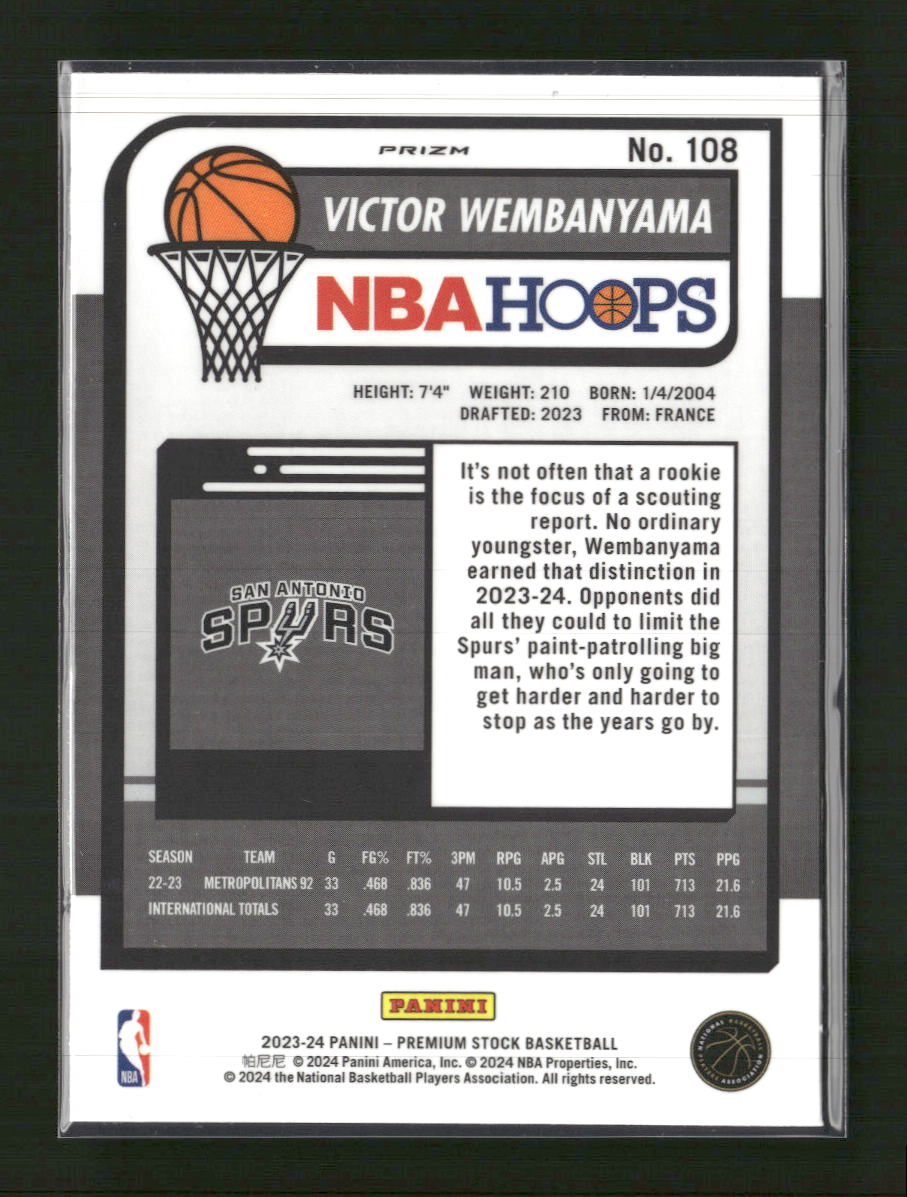 2023-24 Hoops Premium Stock Ice Prizm Victor Wembanyama Rookie #108