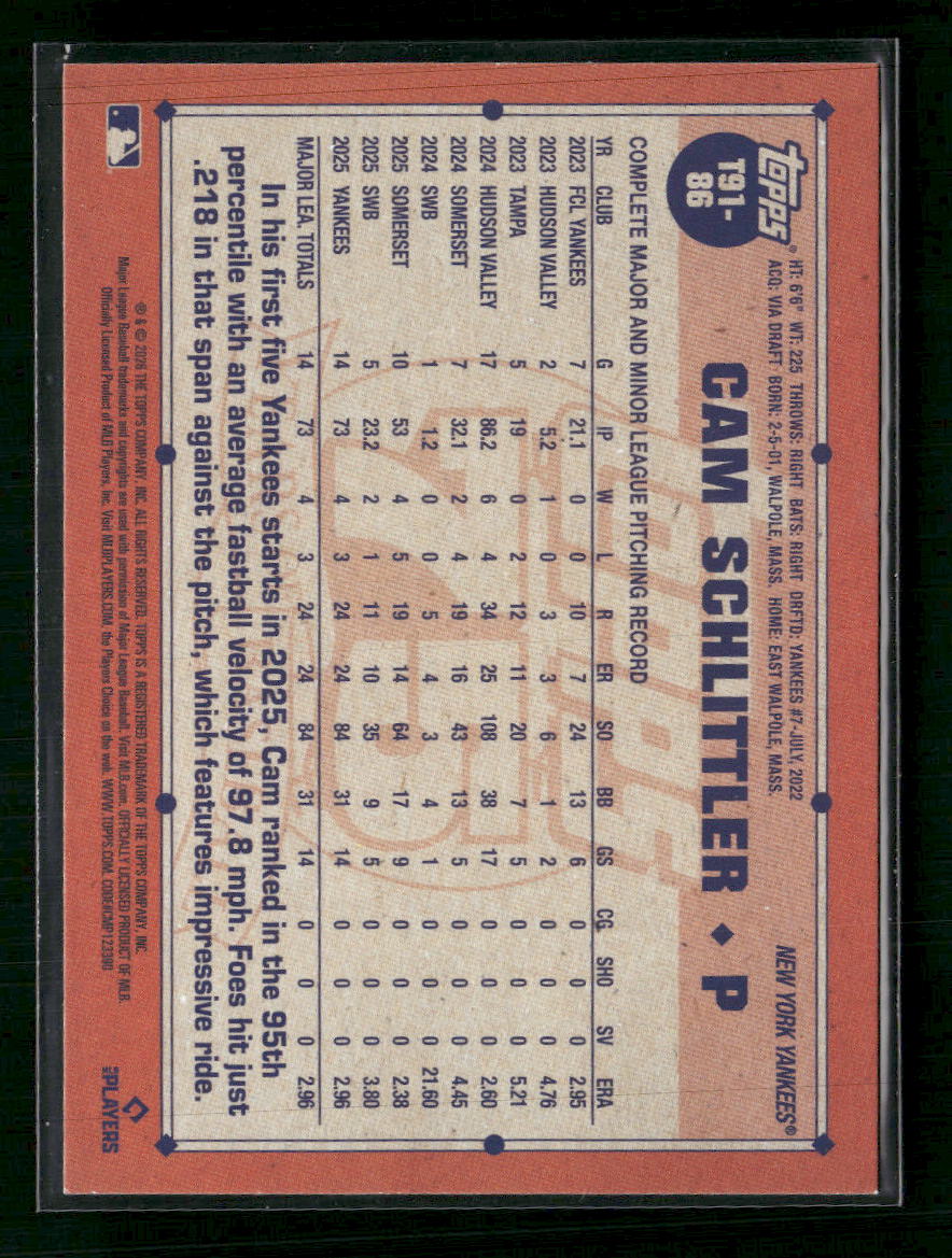 2026 Topps Baseball 35th Anniversary Crackle Foil Cam Schlittler #T91-86