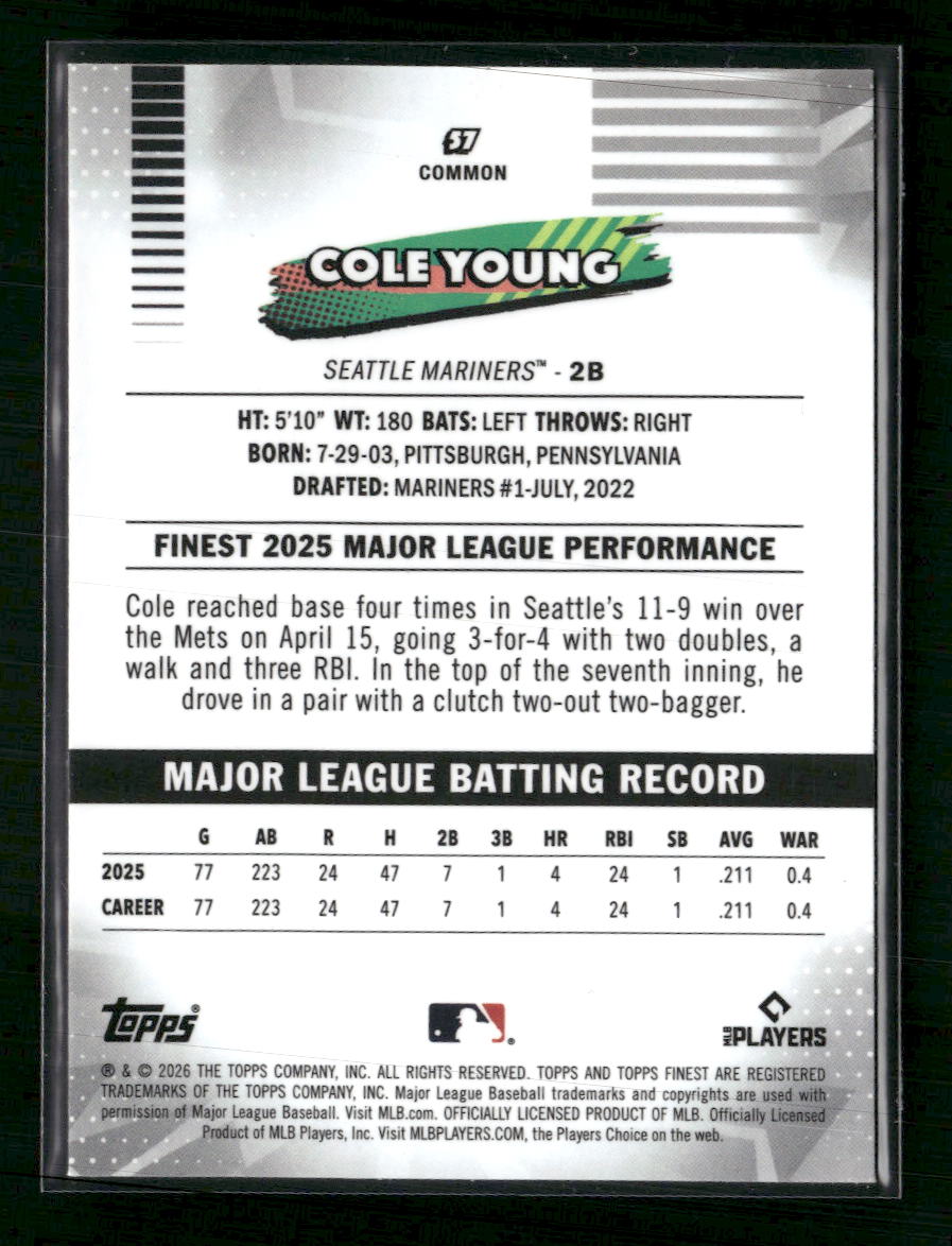 2026 Finest Green Mini-Diamond Refractors Cole Young Rookie #/99 #57