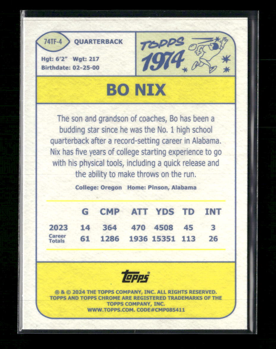 2024 Topps Chrome 1974 Topps Football Pink Refractor Bo Nix #74TF-4