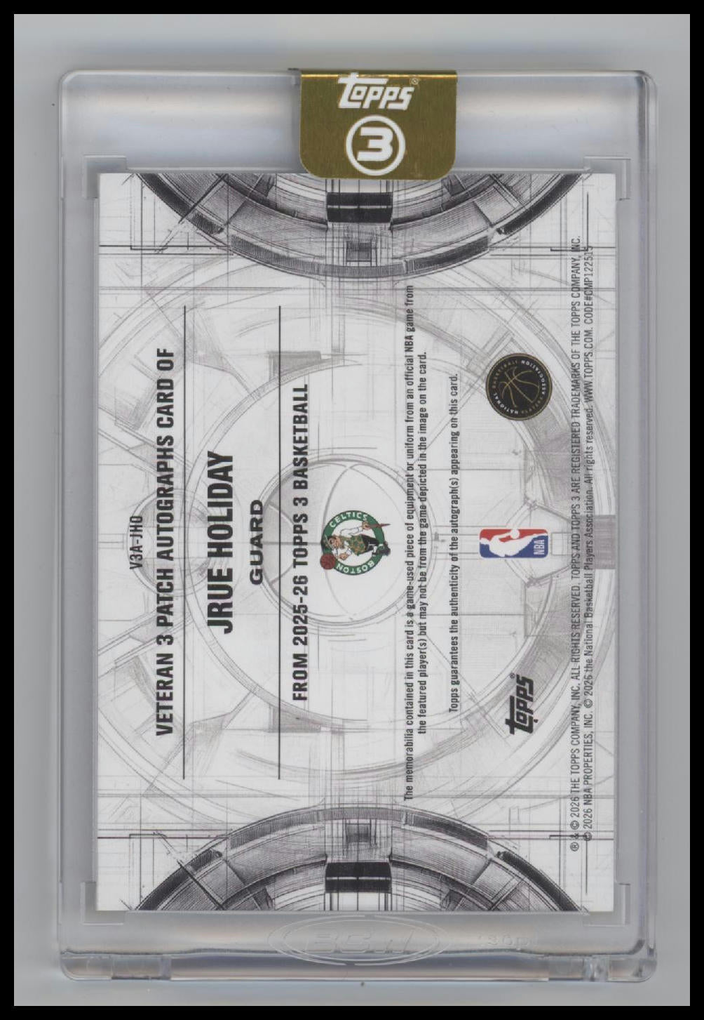 2025-26 Topps 3 Veteran 3 Patch Blue Jrue Holiday #/15 Auto #V3A-JHO Encased