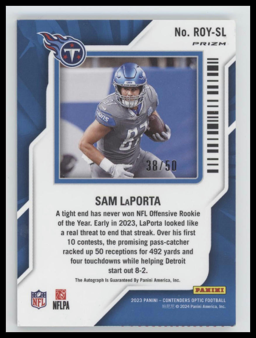 2023 Panini Contenders Optic Rookie of the Year Sam LaPorta #/50 AU #ROY-SL