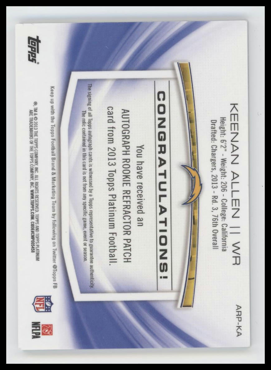 2013 Topps Platinum Rookie Patch Auto Refractors Keenan Allen #/1000 #ARP-KA