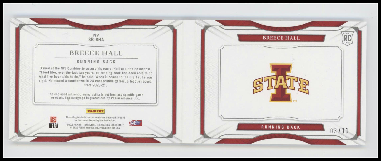 2022 Panini National Treasures Materials Booklet Breece Hall #/11 Auto #SB-BHA