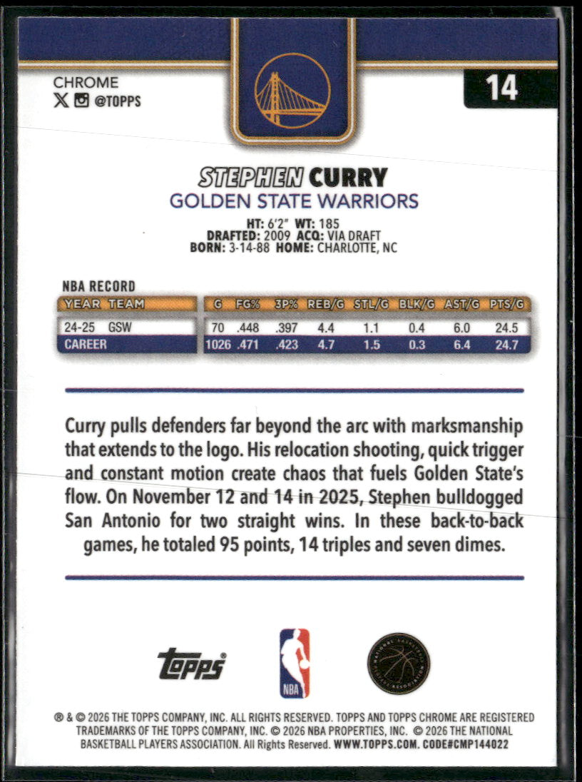 2025-26 Topps Chrome Update RayWave Refractor Stephen Curry #14
