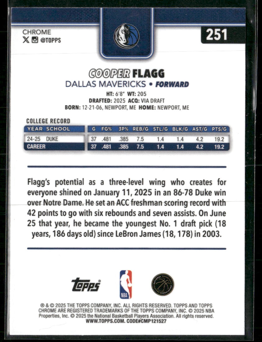 2025-26 Topps Chrome Cooper Flagg RC #251