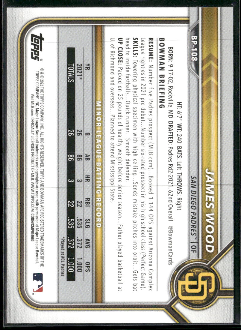 2022 Bowman Prospects Purple Pattern James Wood #/199 #BP-108