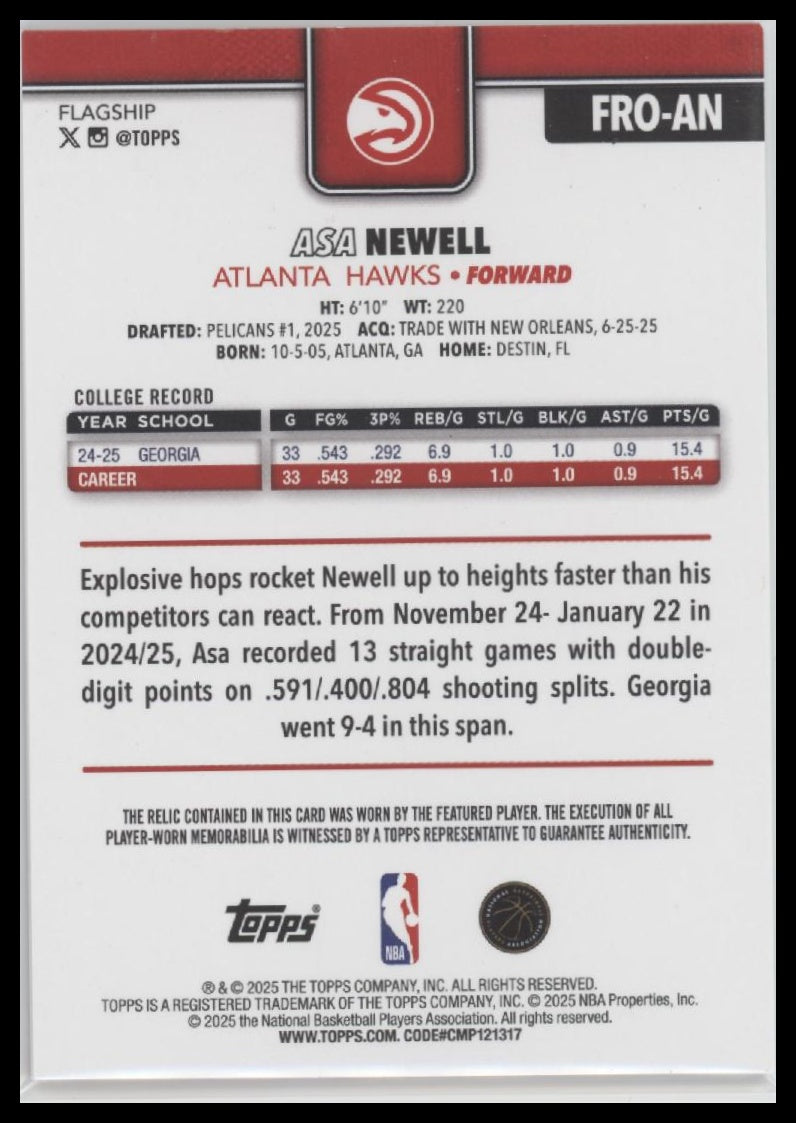 2025-26 Topps Orange Holo Foil Asa Newell RC #/25 #223