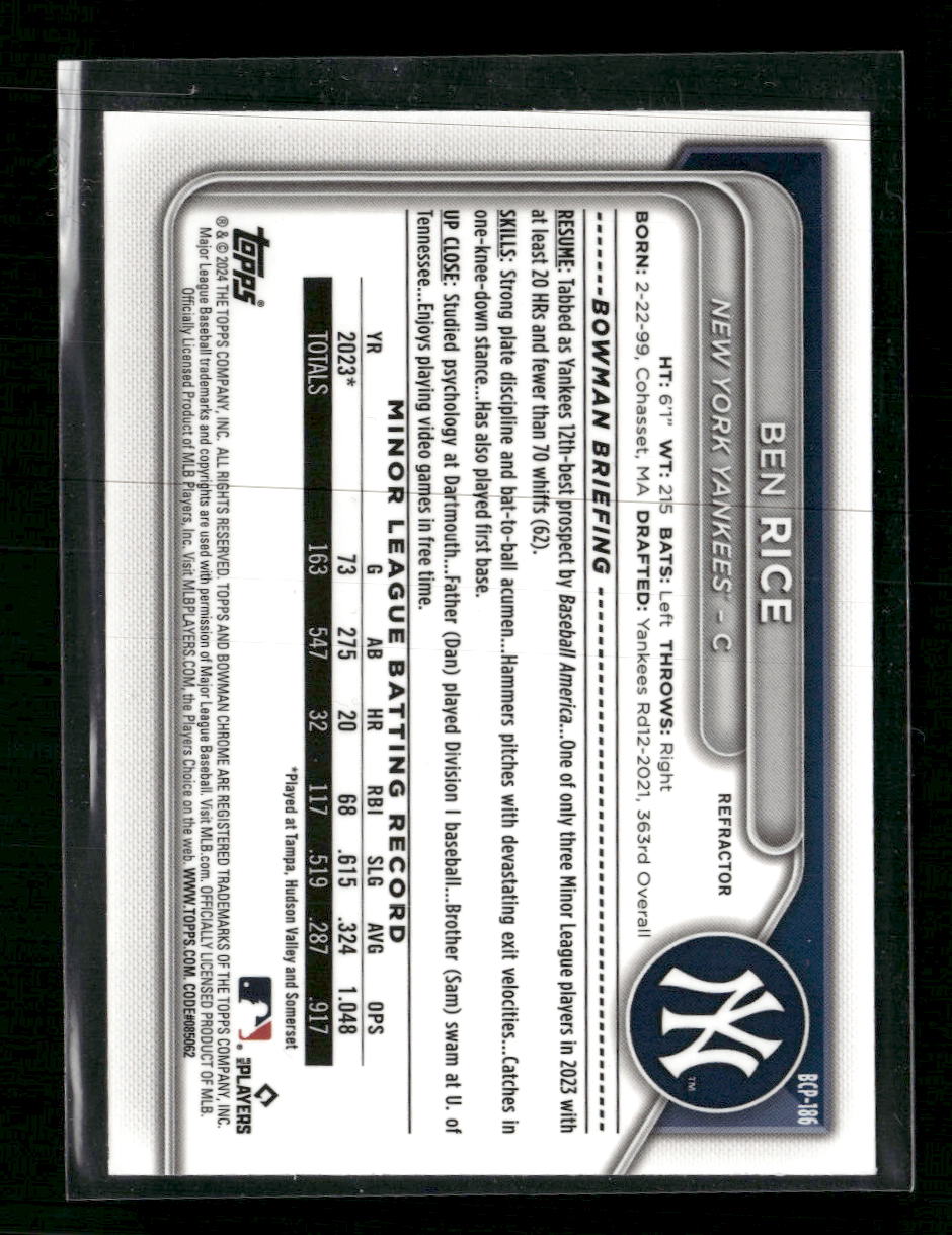 2024 Bowman Chrome Prospects Refractors Ben Rice #/499 #BCP-186