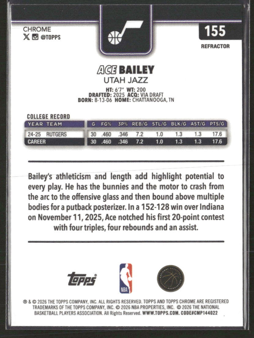 2025-26 Topps Chrome Update Refractor Ace Bailey RC #155