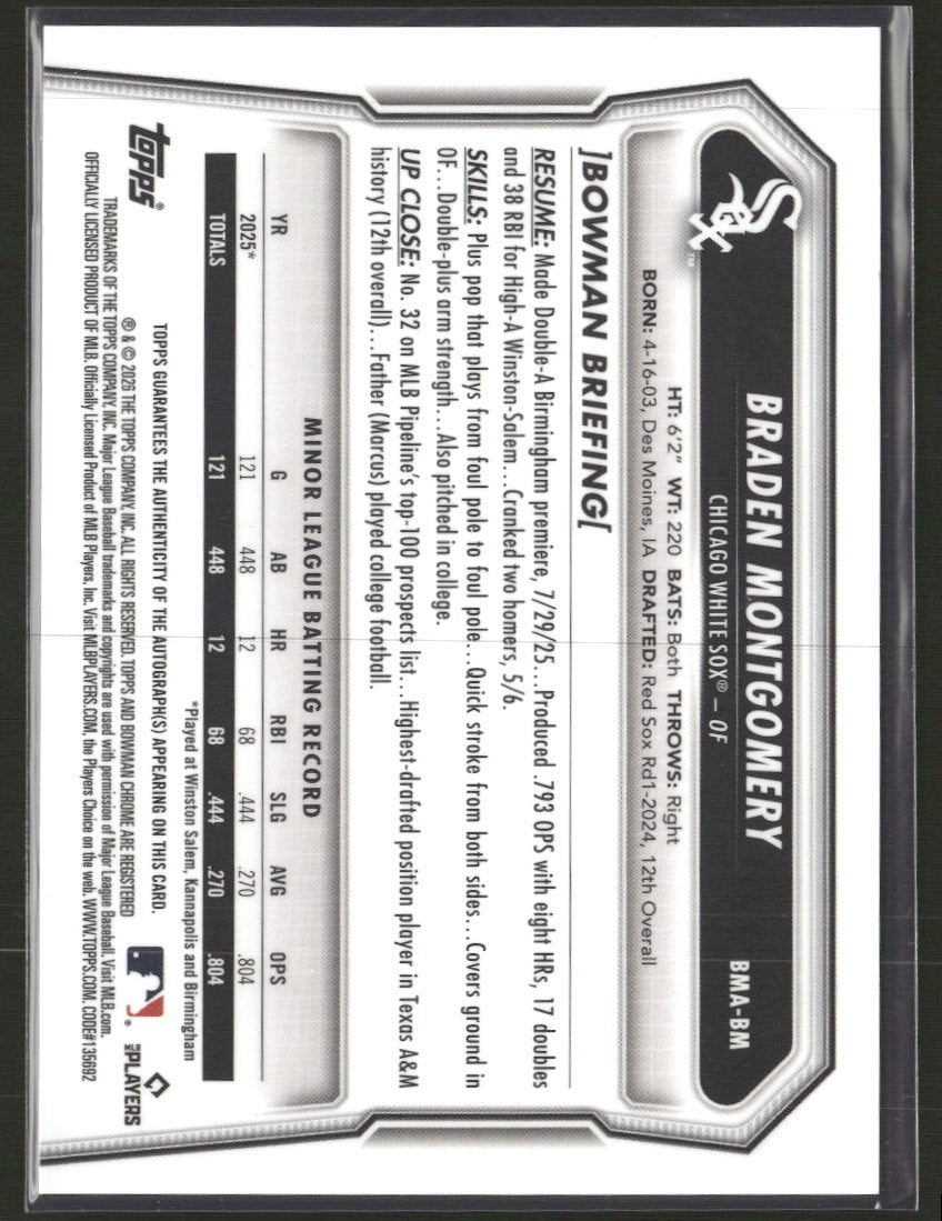 2026 Bowman Chrome Autographs Mojo Refractors Braden Montgomery AU #BMA-BM
