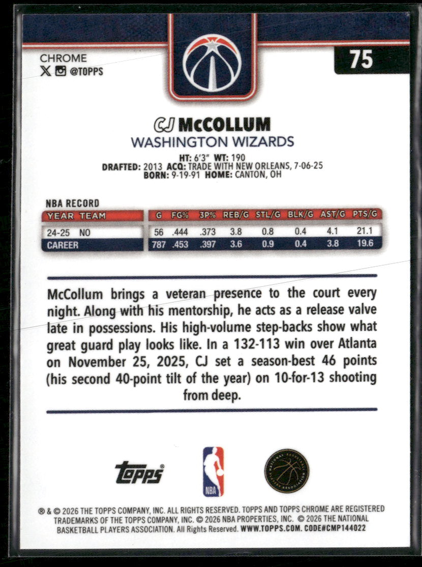 2025-26 Topps Chrome Update Black Refractor CJ McCollum #/10 #75