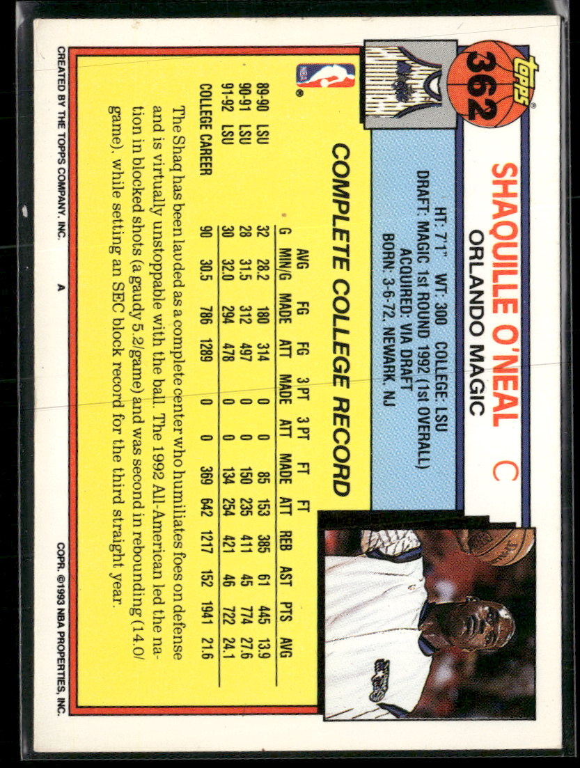 1992-93 Topps Shaquille O'Neal RC #362