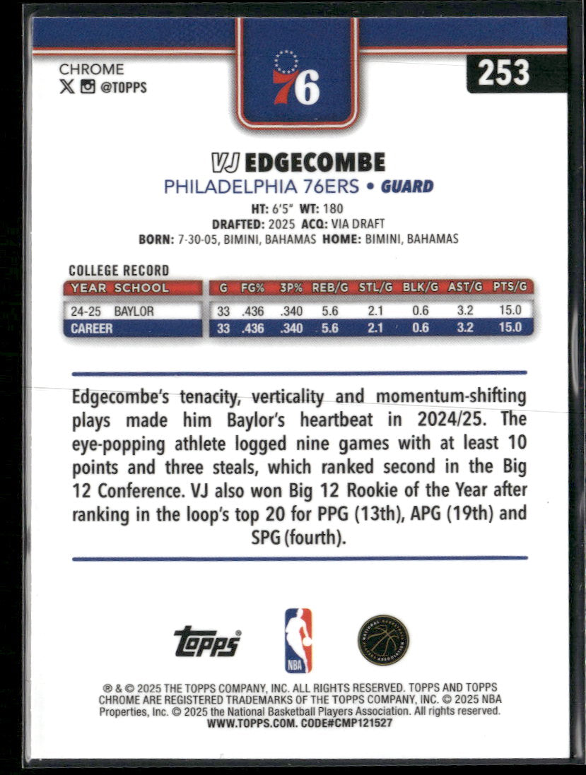 2025-26 Topps Chrome RayWave Refractor VJ Edgecombe RC #253