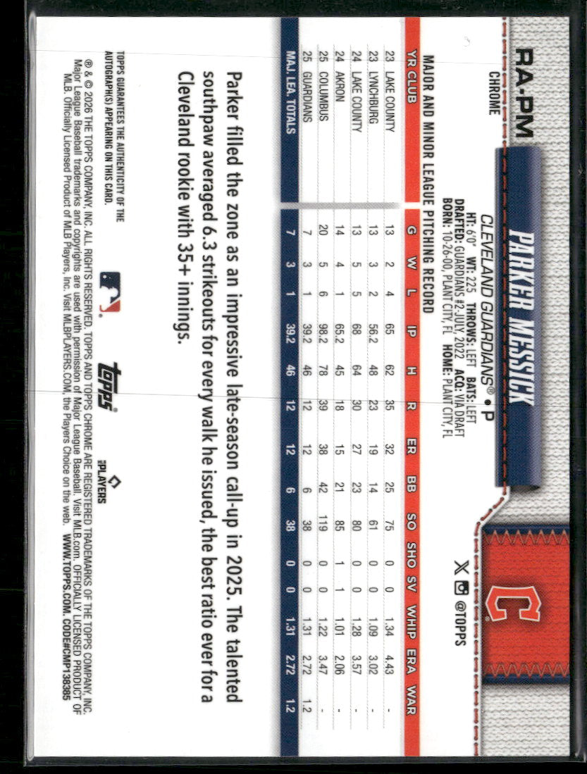 2026 Topps Chrome Rookie AU Pink Refractors Parker Messick /250 AU #RA-PM