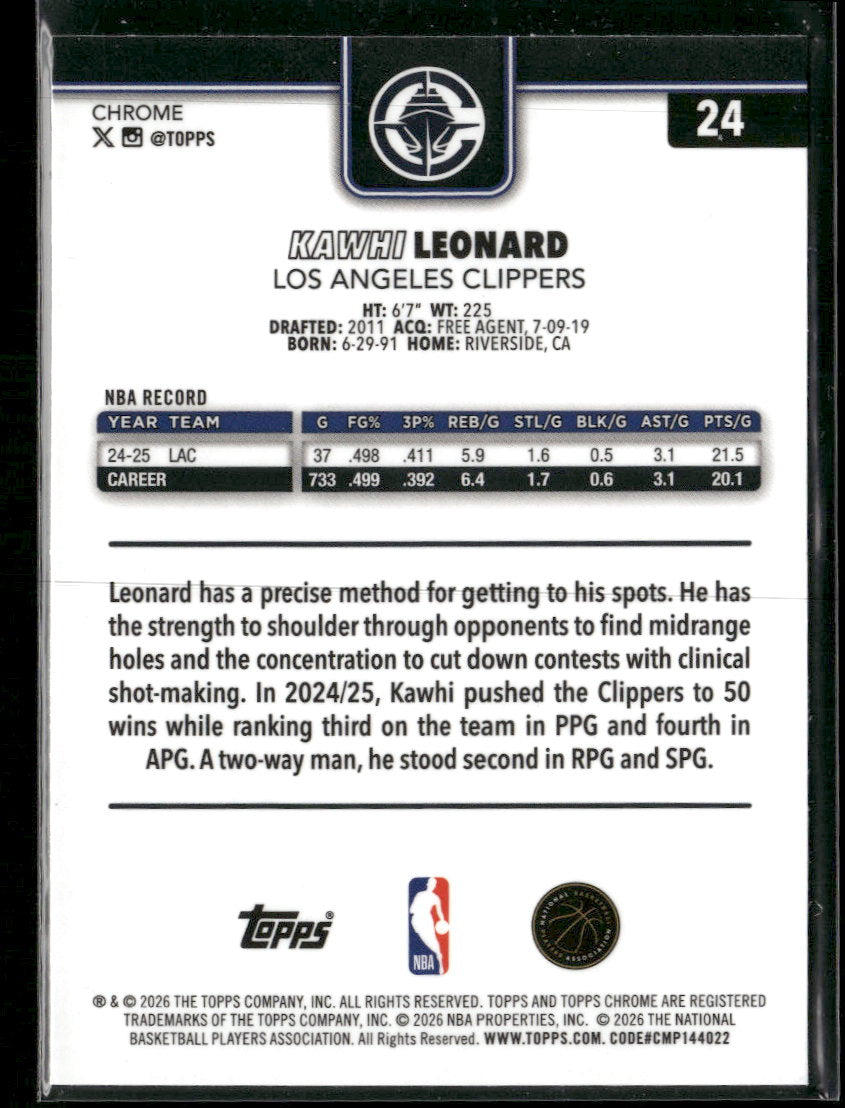 2025-26 Topps Chrome Update Blue RayWave Refractor Kawhi Leonard #/150 #24