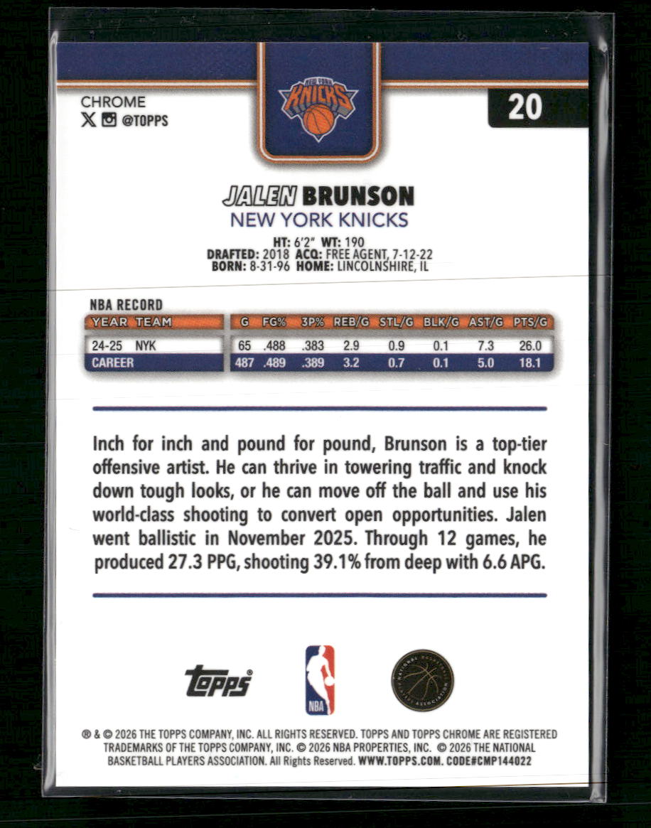 2025-26 Topps Chrome Update Purple Refractor Jalen Brunson #/75 #20