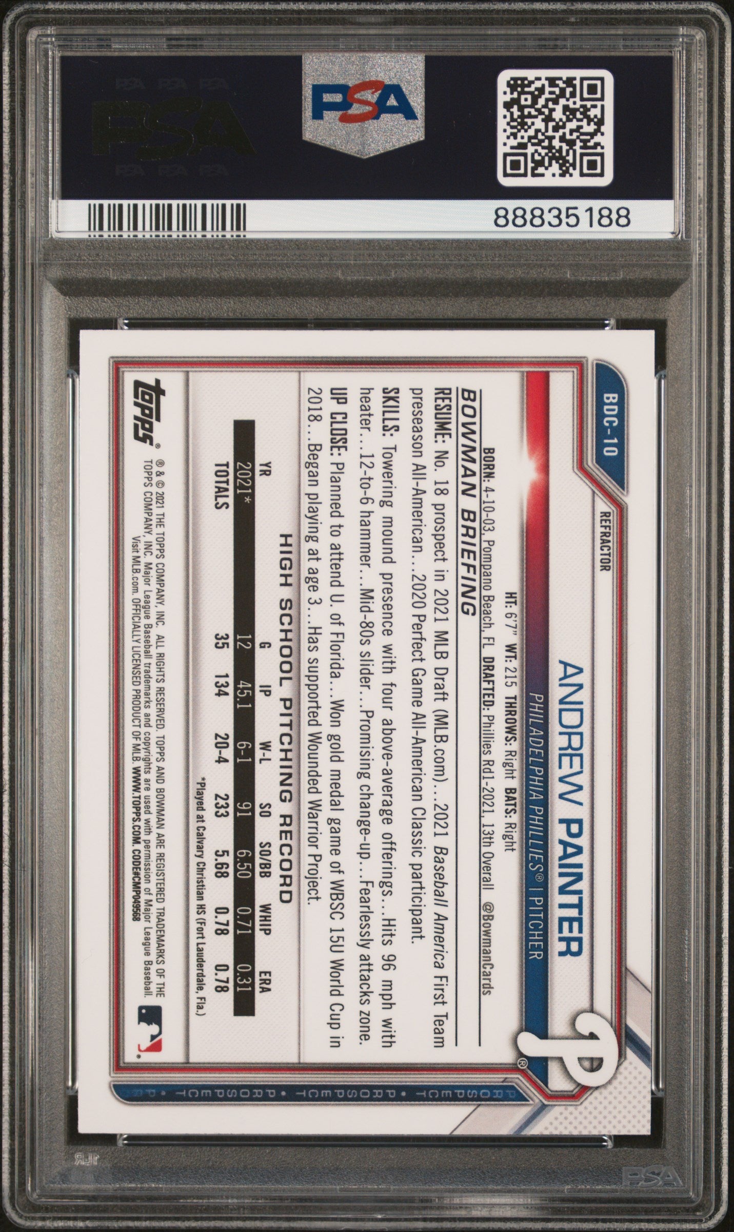 2021 Bowman Draft Chrome-Refractor Andrew Painter 10 PSA #BDC10