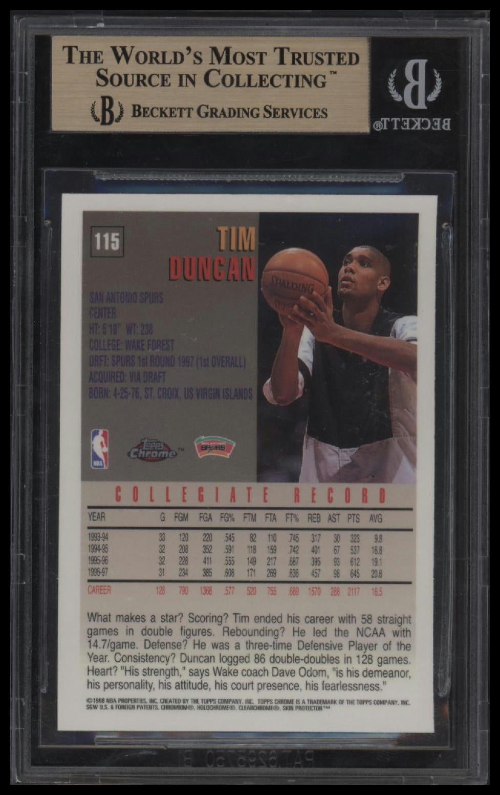 1997-98 Topps Chrome Tim Duncan RC 9.5 BGS #115