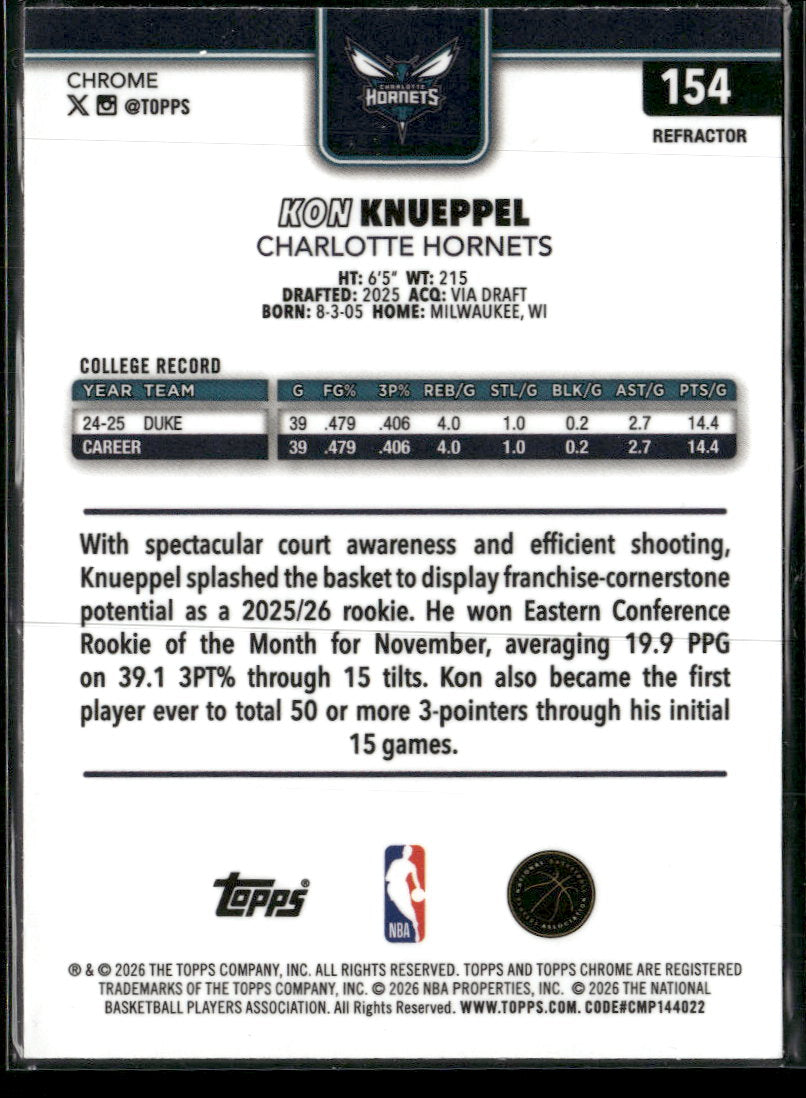 2025-26 Topps Chrome Update Refractor Kon Knueppel RC #154