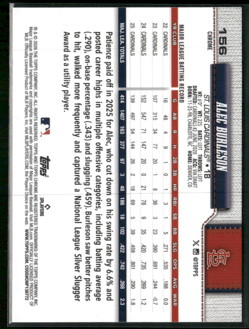 2026 Topps Chrome Lightboard Logo Refractors Alec Burleson #156