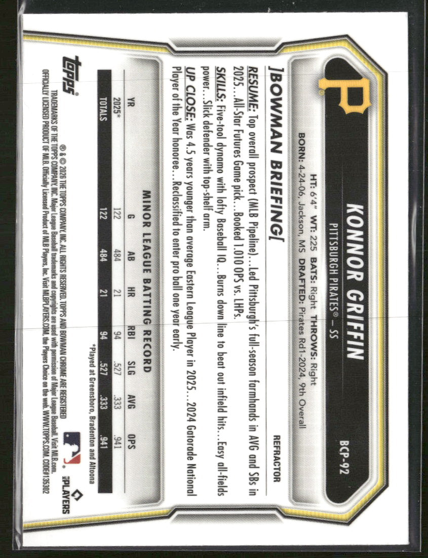 2026 Bowman Chrome Prospects Refractor Konnor Griffin #/499 #BCP-92