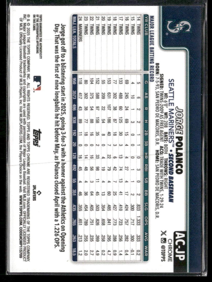 2025 Topps Chrome Update Autographs Green Refractors Jorge Polanco /99 AU #AC-JP
