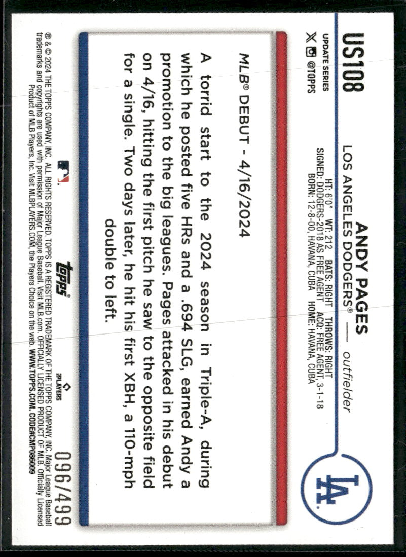 2024 Topps Update Green Crackle Foilboard Andy Pages #/499 #US108