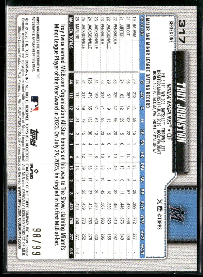 2026 Topps Flagship Real One Autographs Green Foil Troy Johnston #/99 AU #317
