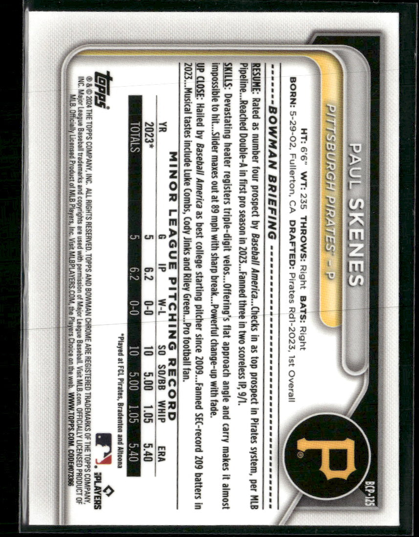 2024 Bowman Chrome Prospects Mojo Refractors Paul Skenes #BCP-125