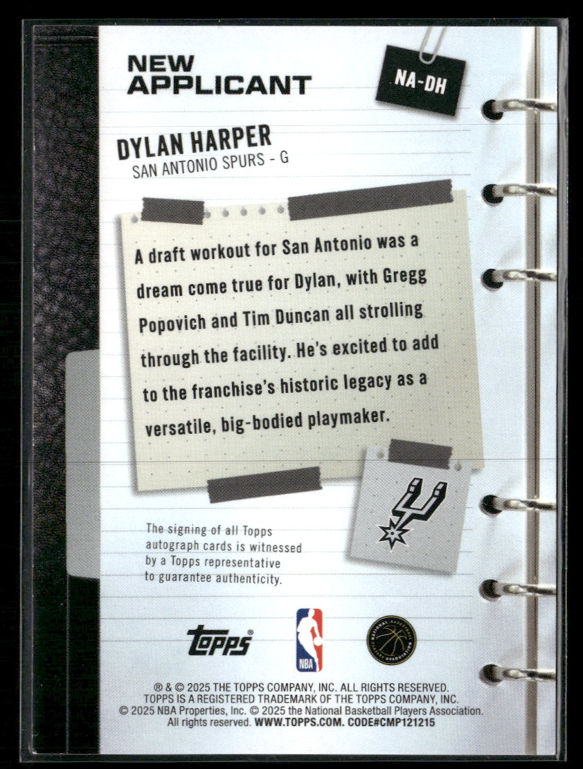2025-26 Topps New Applicants Autographs Dylan Harper AU #NA-DH