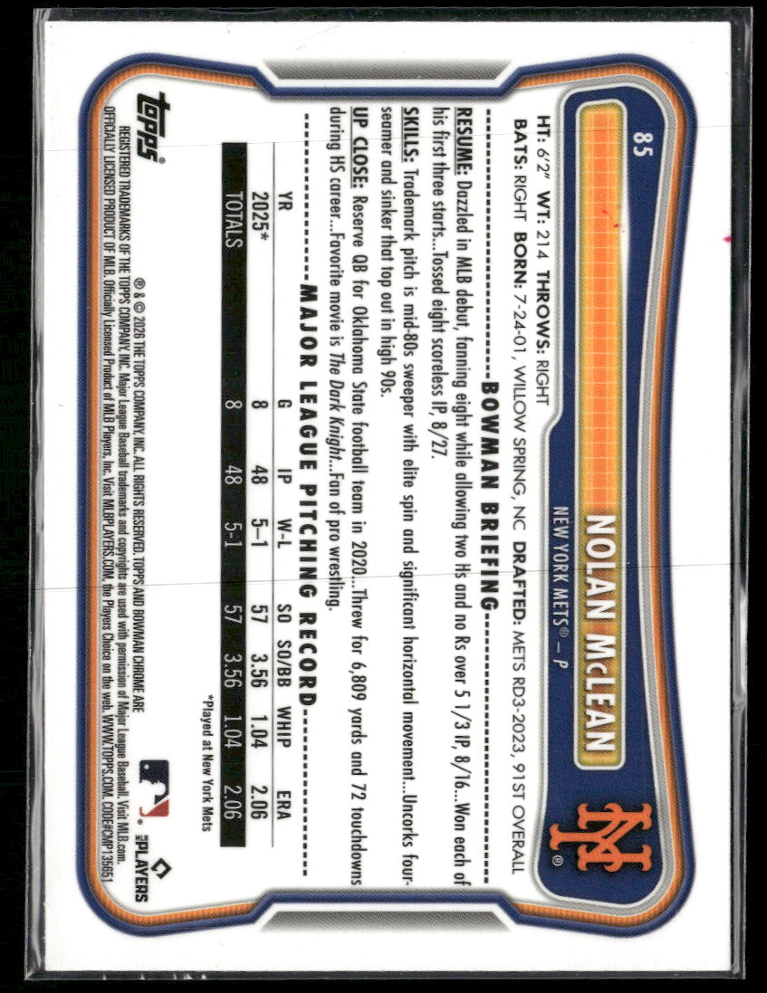 2026 Bowman Chrome Mojo Purple Refractors Nolan McLean RC #/250 #85
