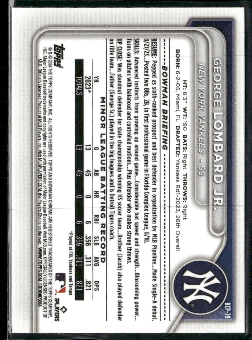 2024 Bowman Chrome Prospects Mojo Refractors George Lombard Jr. #BCP-79