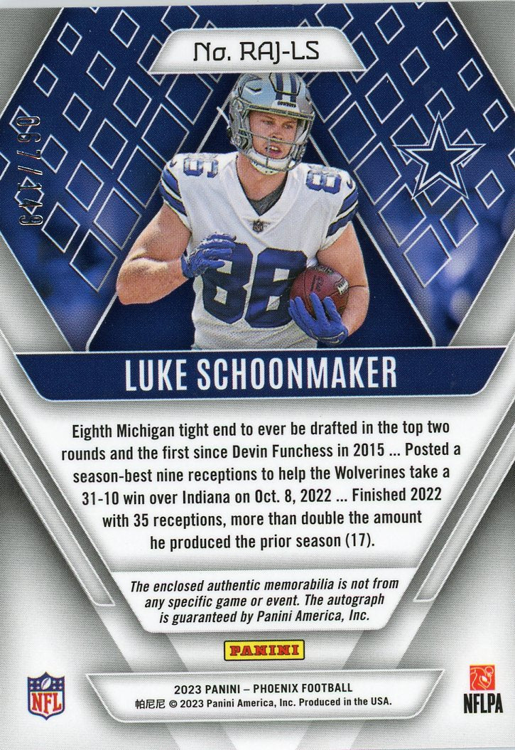 2023 Panini Phoenix Rookie Auto Jersey Orange Luke Schoonmaker #/149 #RAJ-LS