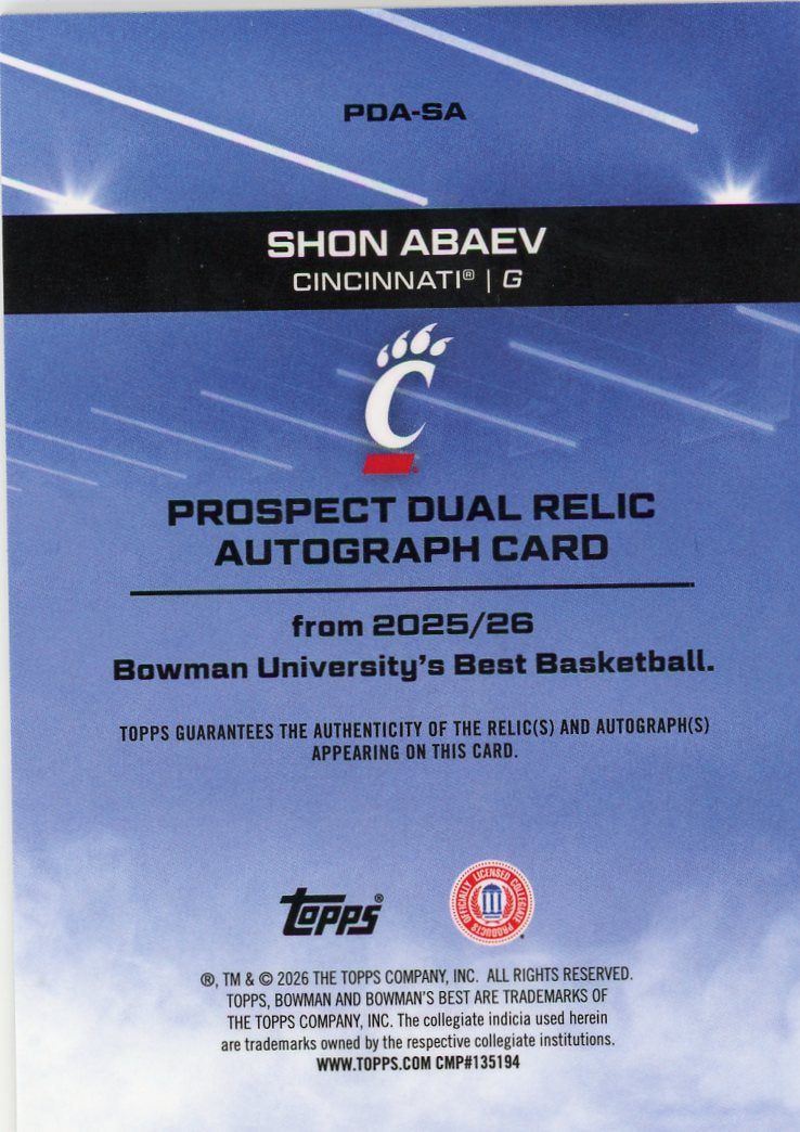 2025 Bowman University Best Prospect Dual Relic Auto #/10 Shon Abaev #PDA-SA
