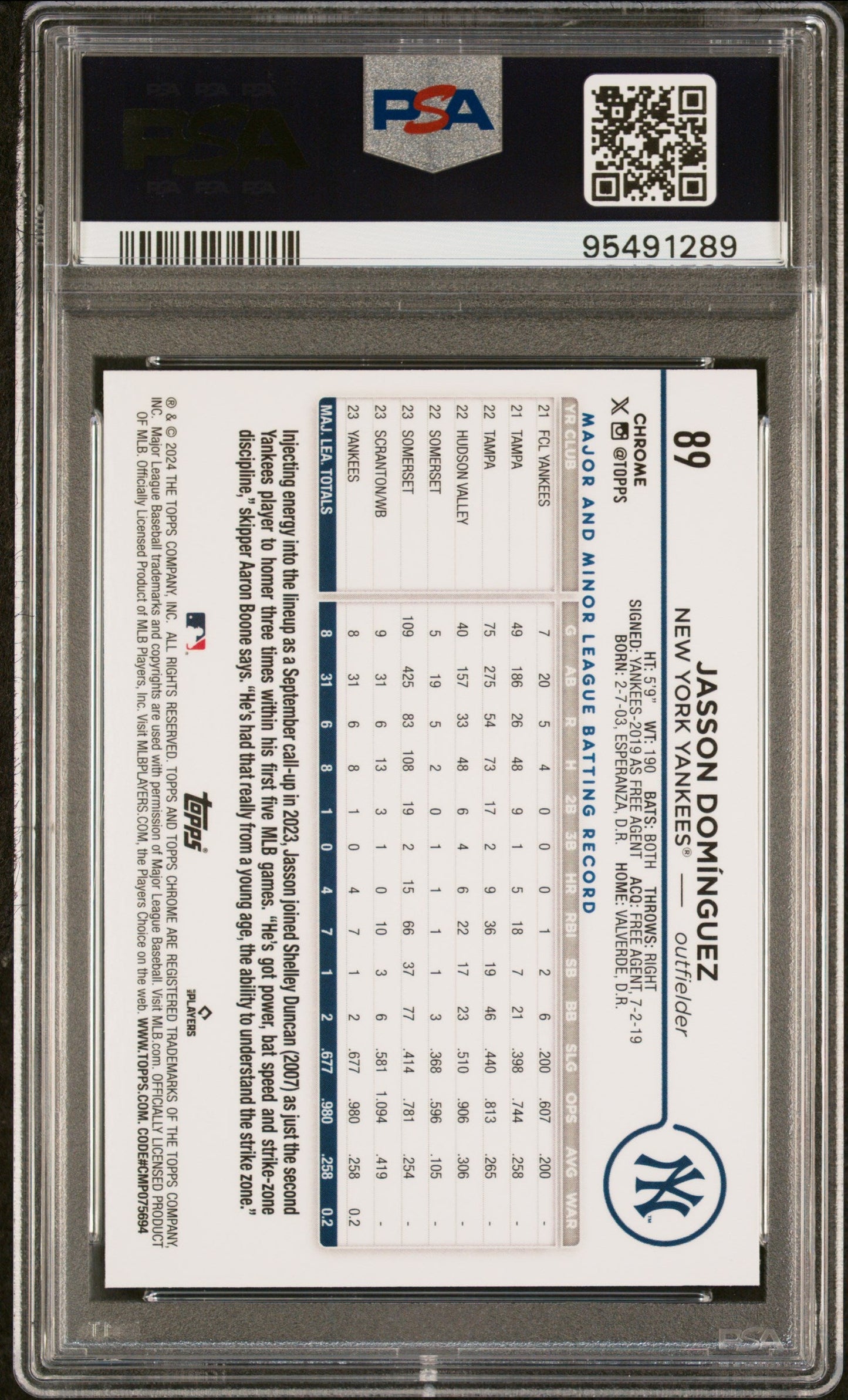 Graded 2024 Topps Chrome Jasson Dominguez #89 Rookie RC Baseball Card PSA 10 Gem Mint