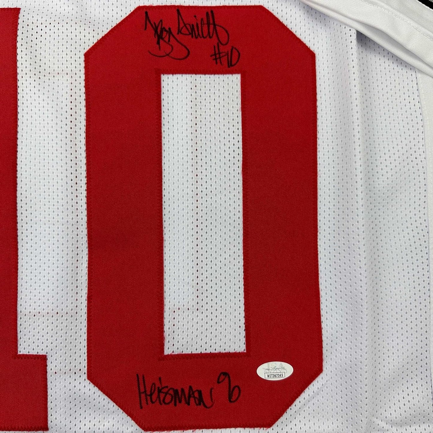 Framed Autographed/Signed Troy Smith 35x39 Heisman 06 Ohio State White College Football Jersey JSA COA