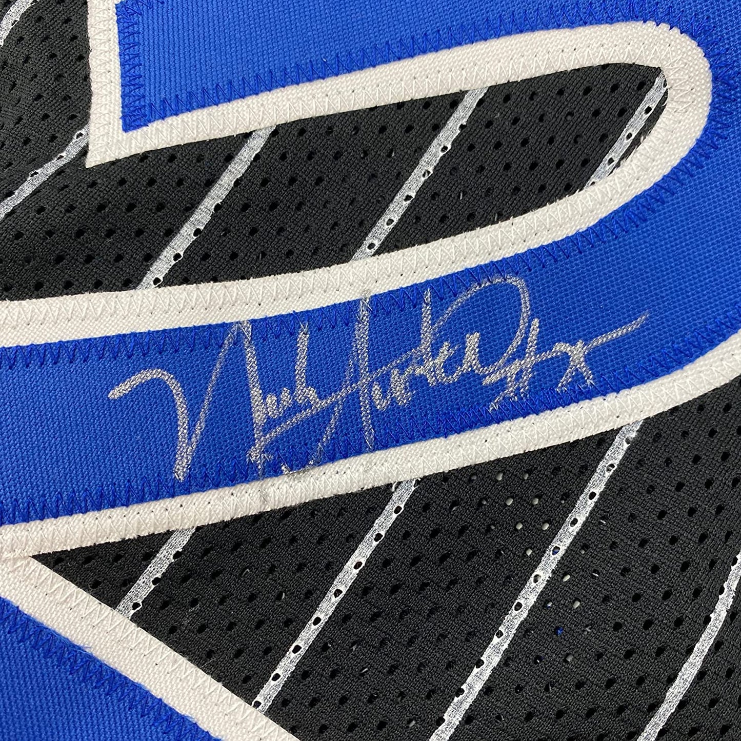 Framed Autographed/Signed Nick Anderson 35x39 Orlando Black Pinstripe Basketball Jersey PSA/DNA COA