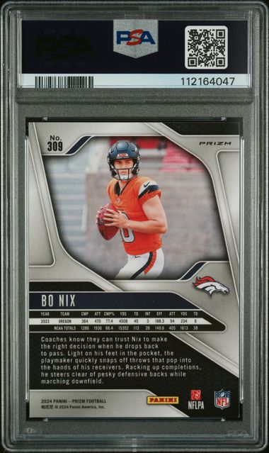 Graded 2024 Panini Prizm Neon Green Pulsar Bo Nix #309 Rookie RC Football Card PSA 9 Mint