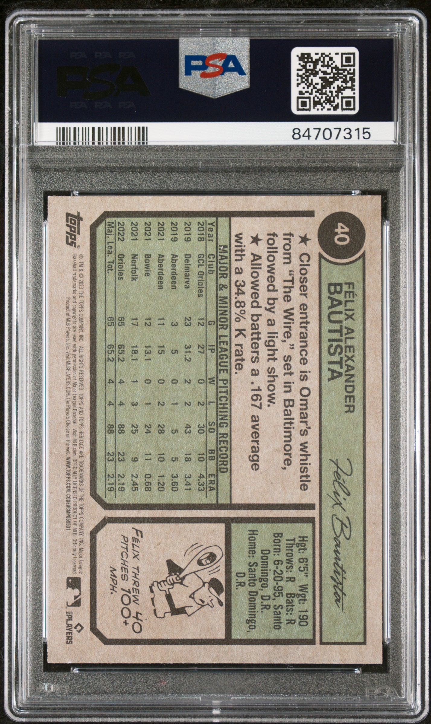 2023 TOPPS HERITAGE FELIX BAUTISTA #40 - PSA 10 ROOKIE CARD