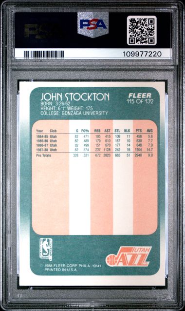 Graded 1988 Fleer John Stockton #115 Rookie RC Basketball Card PSA 7 NM